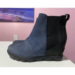 Sorel Ankle Bootie 7.5 Navy Blue Black Lea Wedge Joan of Arctic Chelsea Leather